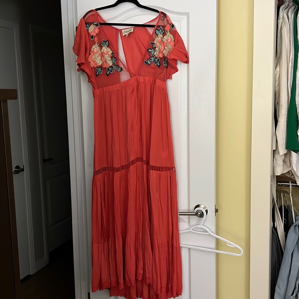 Cleobella Long Coral Dress w/ Embroidery Flowers